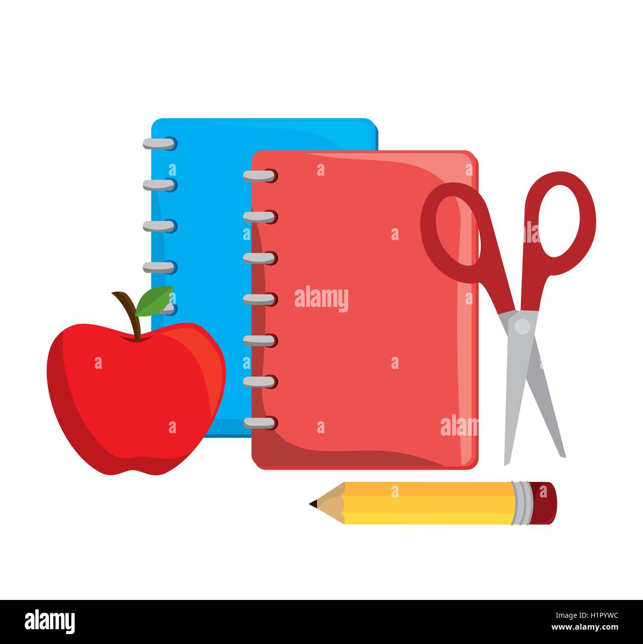 Cuaderno de dibujos animados rojo con tijeras y lápiz de diseño Apple  Imagen Vector de stock - Alamy