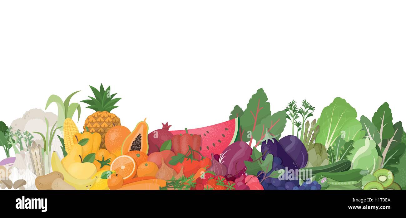 Colorido arco iris de frutas y hortalizas sobre fondo blanco, el concepto de nutrición y alimentación saludable Ilustración del Vector