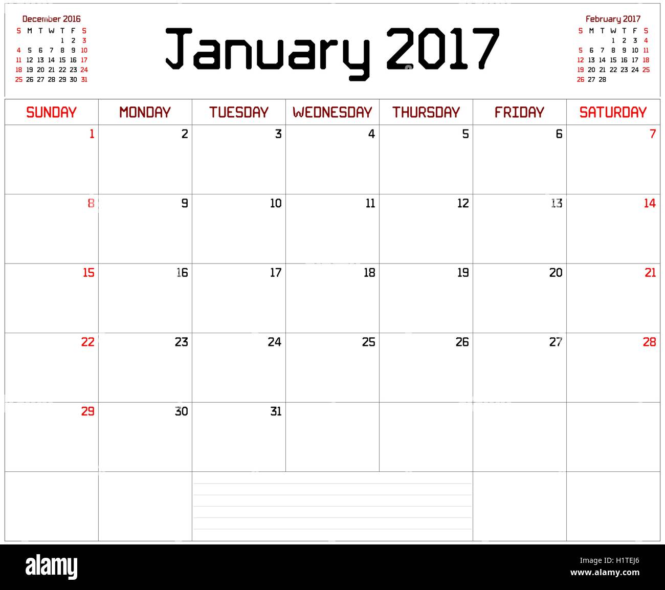 Un planificador mensual del calendario para enero 2017 en blanco. Una  costumbre líneas rectas fuente gruesa es utilizado Imagen Vector de stock -  Alamy