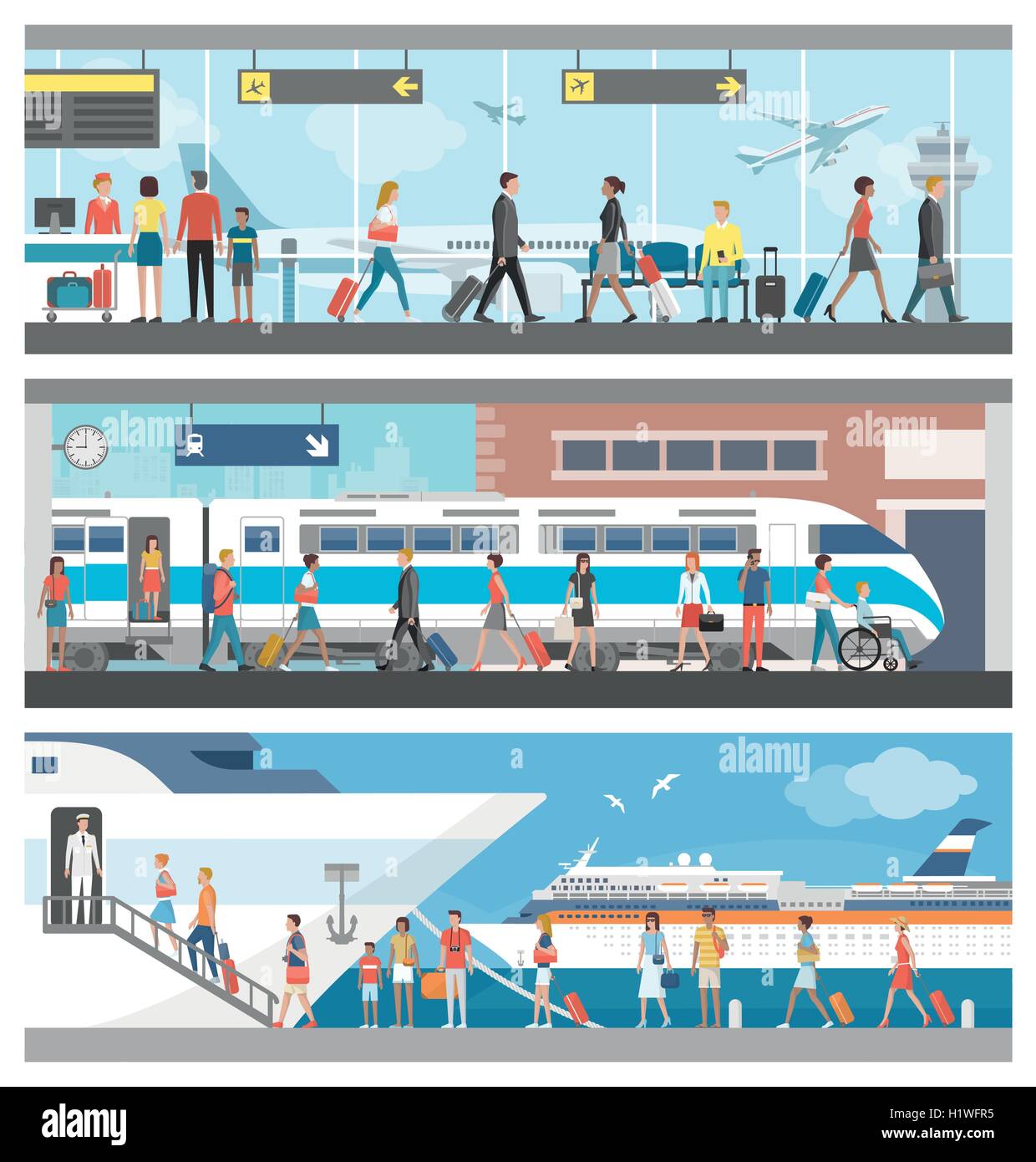 Transporte y Viajes banner: gente de negocios y turistas en el aeropuerto, en la estación de ferrocarril y el embarque en un luxu Ilustración del Vector