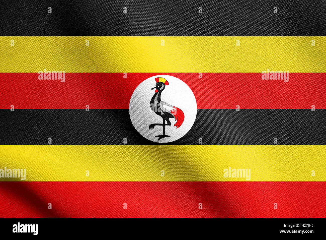 Bandera oficial nacional de Uganda. Símbolo patriótico africana, banner, elemento de fondo. Bandera de Uganda ondeando en el viento Foto de stock
