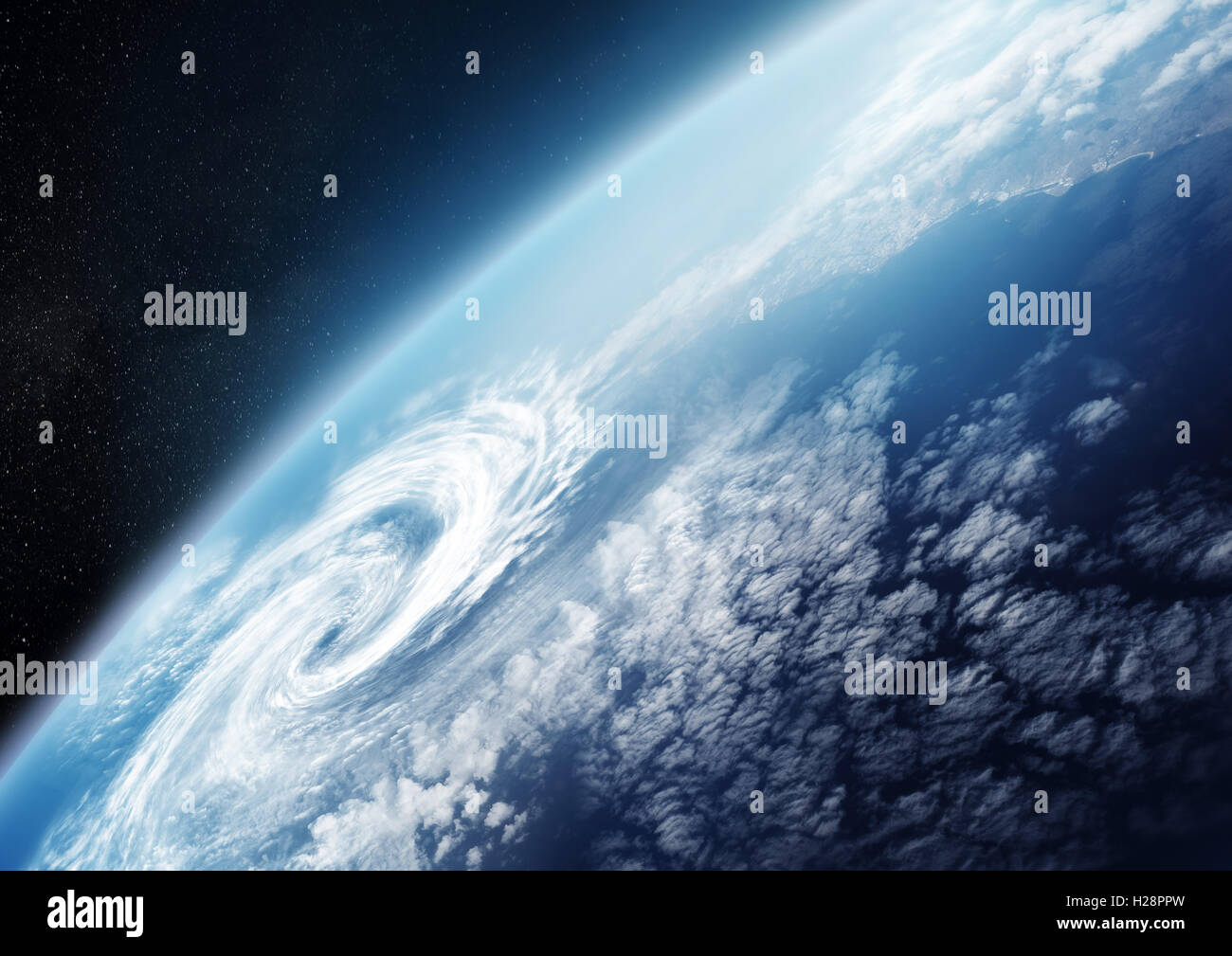 Planeta Tierra desde el espacio de cerca con las formaciones nubosas. Ilustración - no utilizar imágenes de la NASA. Foto de stock