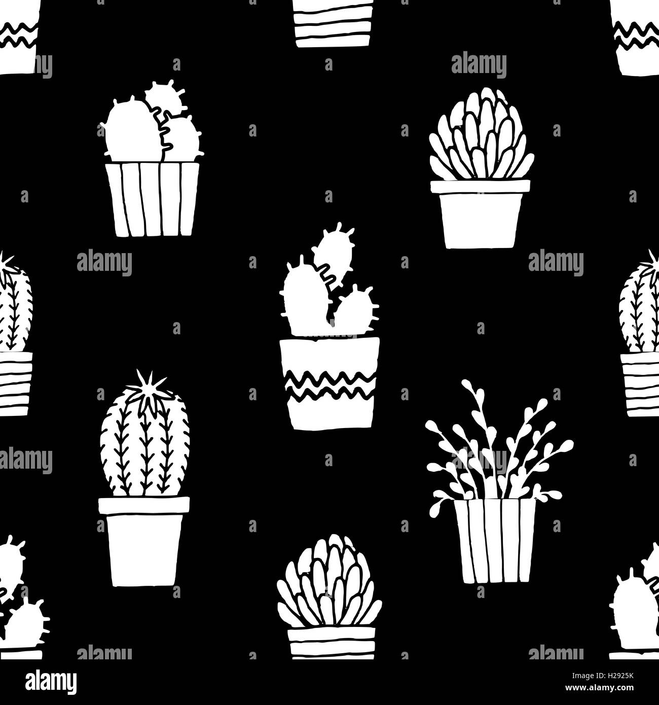 Patrón de repetición perfecta dibujada a mano con plantas suculentas en blanco sobre fondo negro. Ilustración del Vector