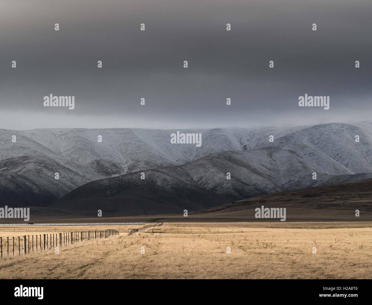 Central Otago paisaje Hawkdun gama tonos marrones y crema y pliegues de laminación rastrojo nivel Maniototo, Isla del Sur, Nueva Zelanda invierno Foto de stock