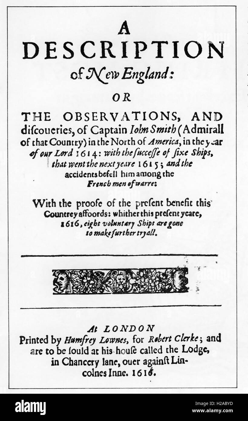 JOHN SMITH (1580-1631) soldado inglés y explorador. Página del título de su libro de 1616 una descripción de Nueva Inglaterra Foto de stock