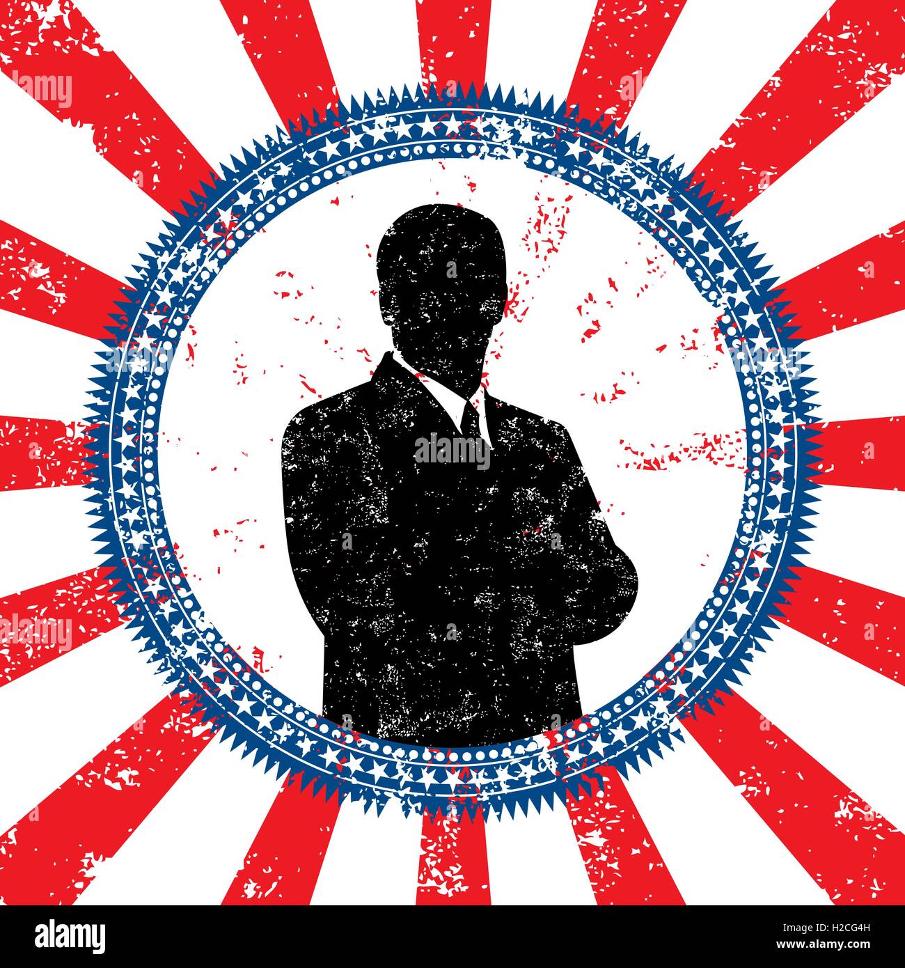Macho a macho político candidato político electoral silueta botón sobre franjas y una textura de fondo. Ilustración del Vector