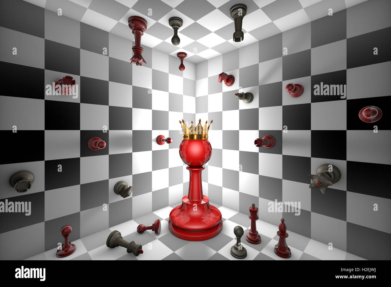 Peón rojo grande y una corona de oro. Cerrado el espacio de ajedrez. Muchos pequeños de ajedrez. Ilustración 3D Render Foto de stock