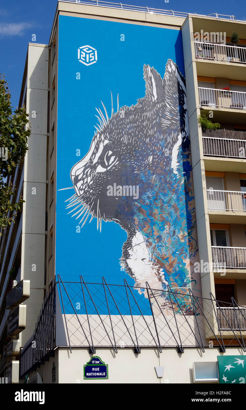 París Francia Mural del colosal de 6 pisos de cara de gato. Foto de stock