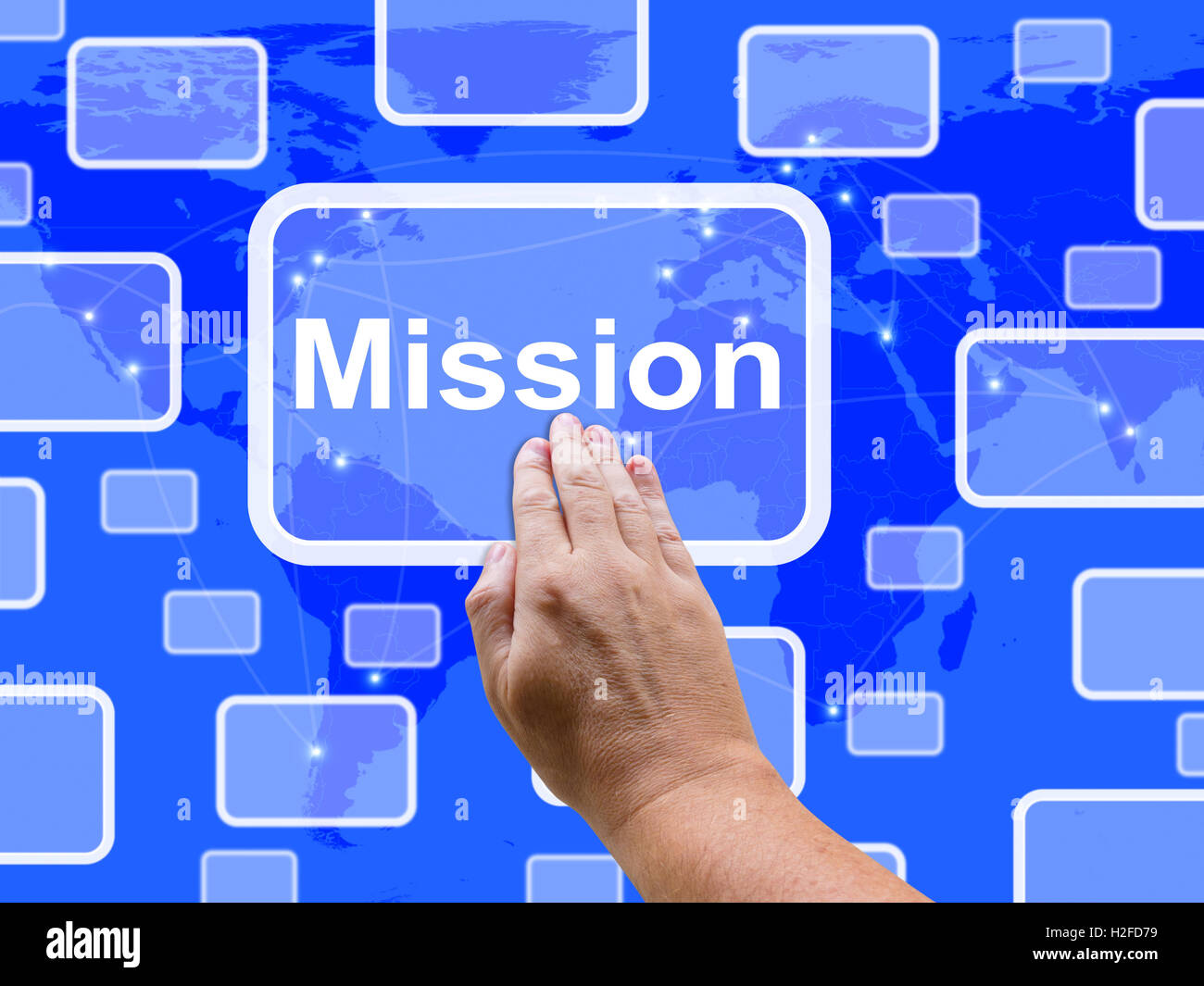 Pantalla táctil muestra estrategia misión y visión Foto de stock