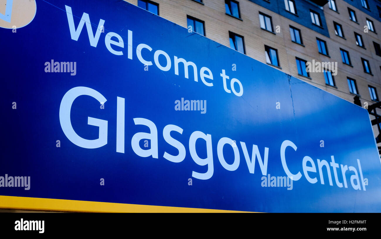 Bienvenido a Glasgow Central de la placa de la pantalla Fotografía de