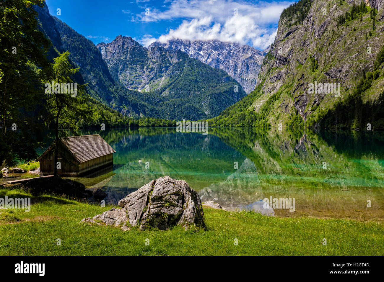 Obersee, lago en el Parque Nacional Berchtesgaden, Baviera, la Alta Baviera, Alemania Foto de stock