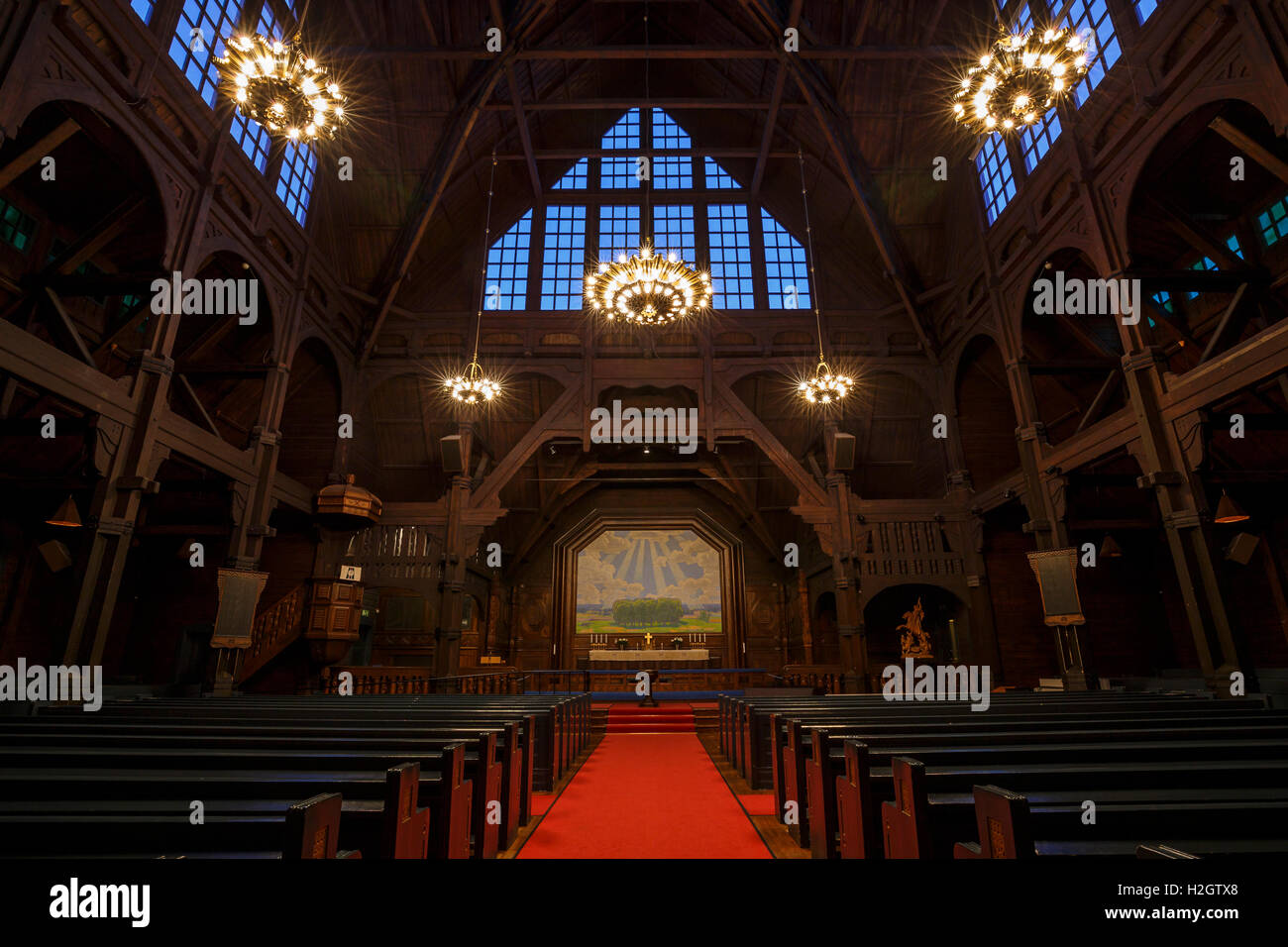 Interior, iglesia de Kiruna, el condado de Norrbotten, Suecia Foto de stock