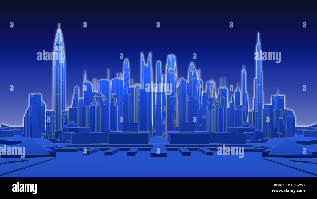 Blue ciudad futurista 3D rendering Foto de stock