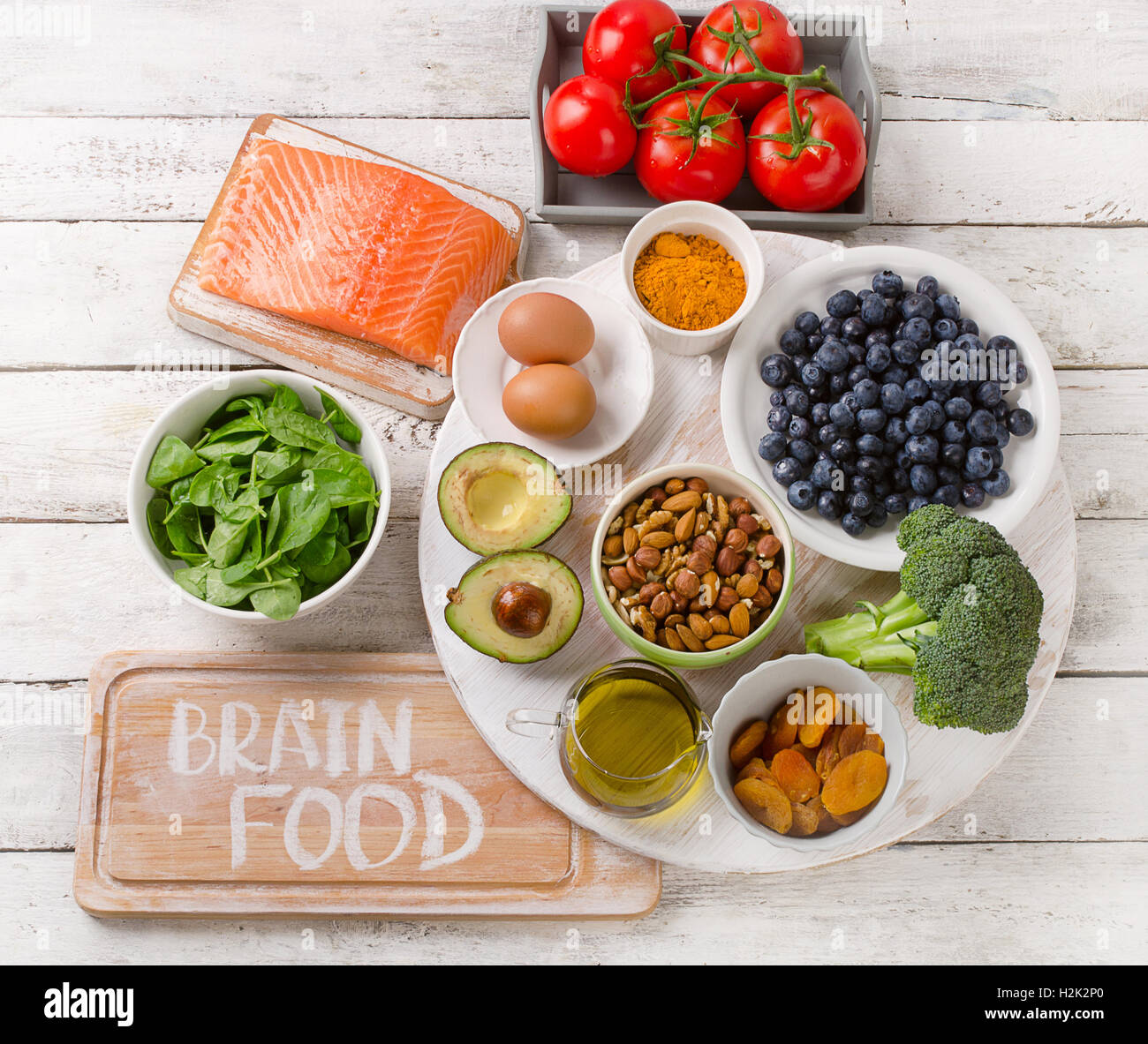 Alimentos para aumentar la capacidad intelectual. Vista superior Foto de stock