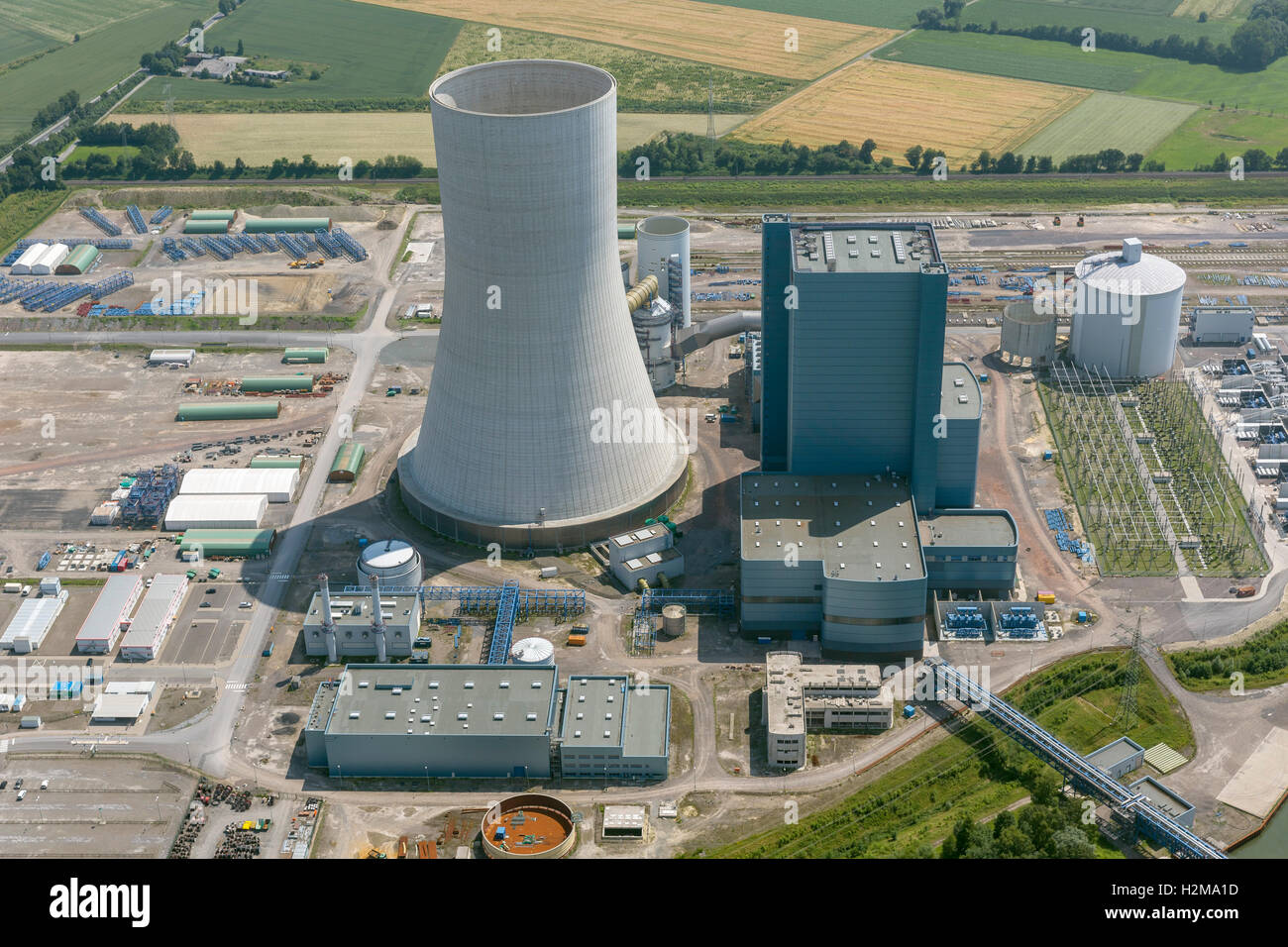 Vista aérea, Eon 4, planta de energía a carbón en el Canal Dortmund-Ems, construcción de congelación, vista aérea de Datteln, área de Ruhr, Foto de stock