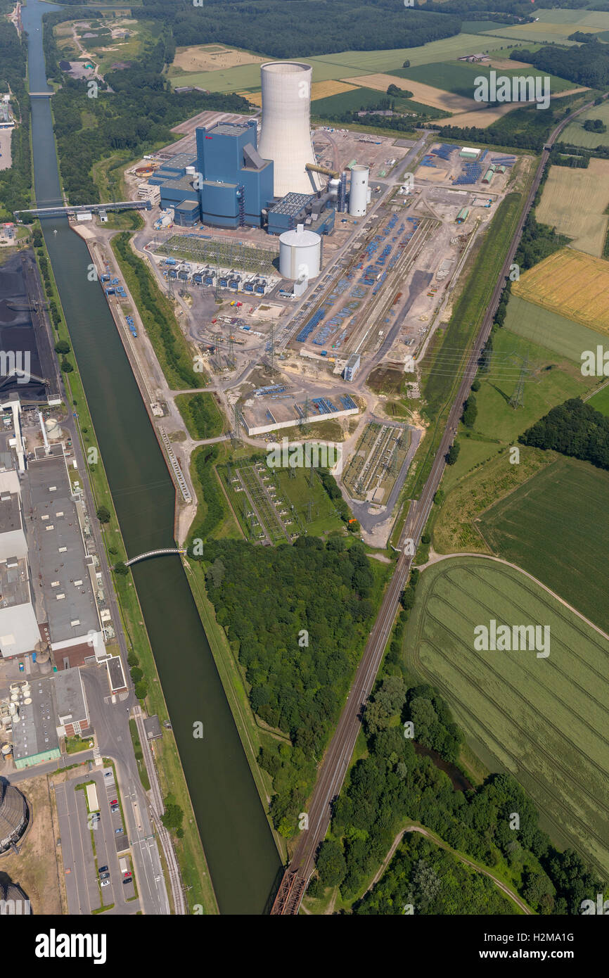 Vista aérea, Eon 4, planta de energía a carbón en el Canal Dortmund-Ems, construcción de congelación, vista aérea de Datteln, área de Ruhr, Foto de stock
