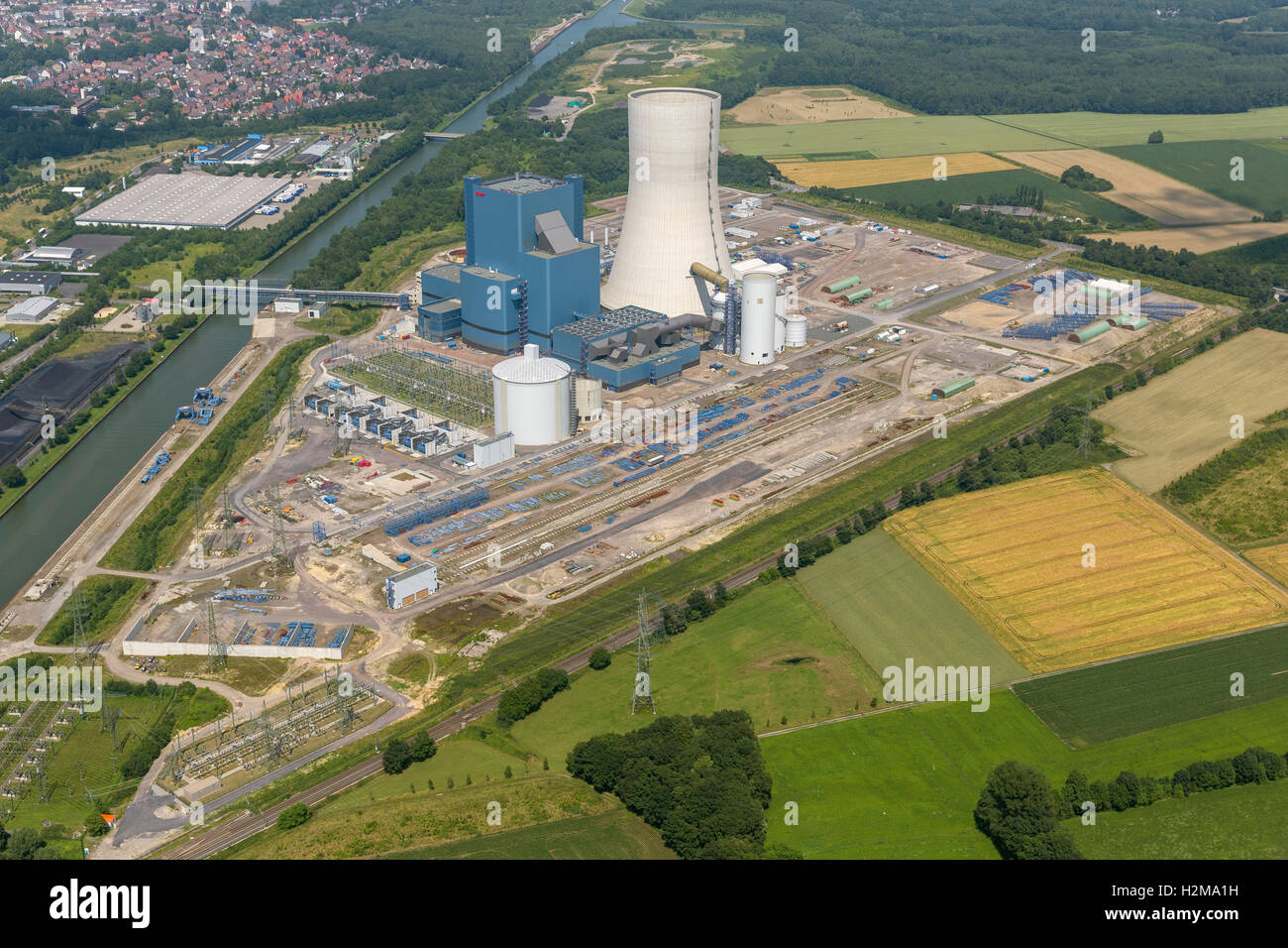 Vista aérea, Eon 4, planta de energía a carbón en el Canal Dortmund-Ems, construcción de congelación, vista aérea de Datteln, área de Ruhr, Foto de stock