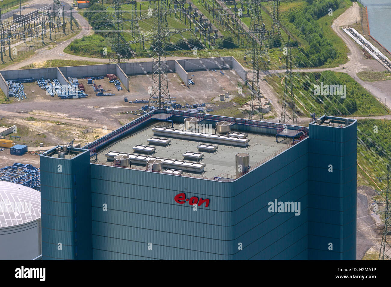 Vista aérea, Eon 4, planta de energía a carbón en el Canal Dortmund-Ems, construcción de congelación, vista aérea de Datteln, área de Ruhr, Foto de stock