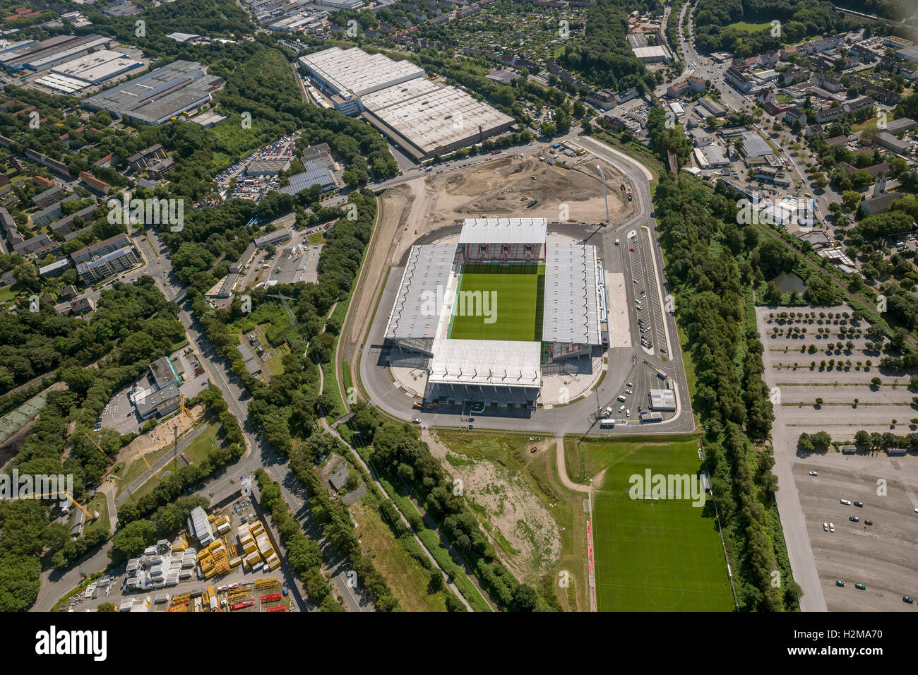Vista aérea, Rot-Weiss-Essen Stadium en el port road, Essen, Ruhr, Renania septentrional Westfalia, Alemania, Europa, vista aérea, antena Foto de stock