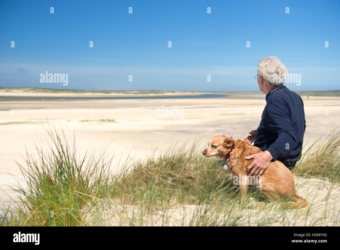 El hombre con el perro en una duna de arena Foto de stock