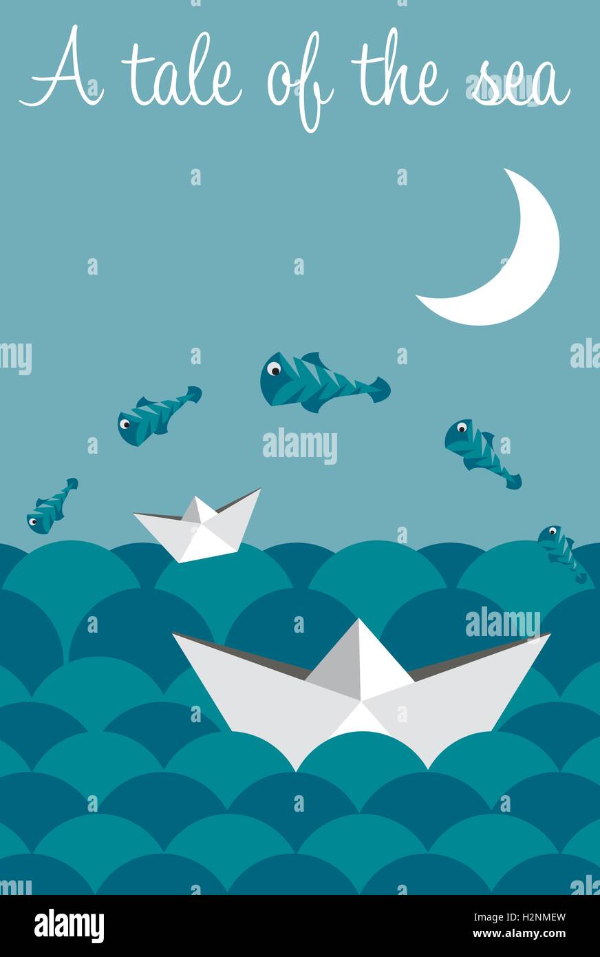 El mar y el barco de papel con pescado, cuento de hadas, historia Imagen  Vector de stock - Alamy