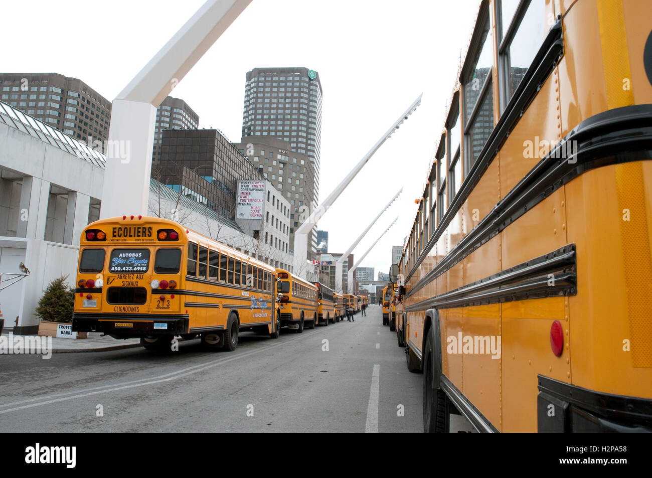 En primer plano el lado trasero de cola de autobuses estacionados en la calle urbano edificios antecedentes, Montreal, Quebec, Canadá Foto de stock