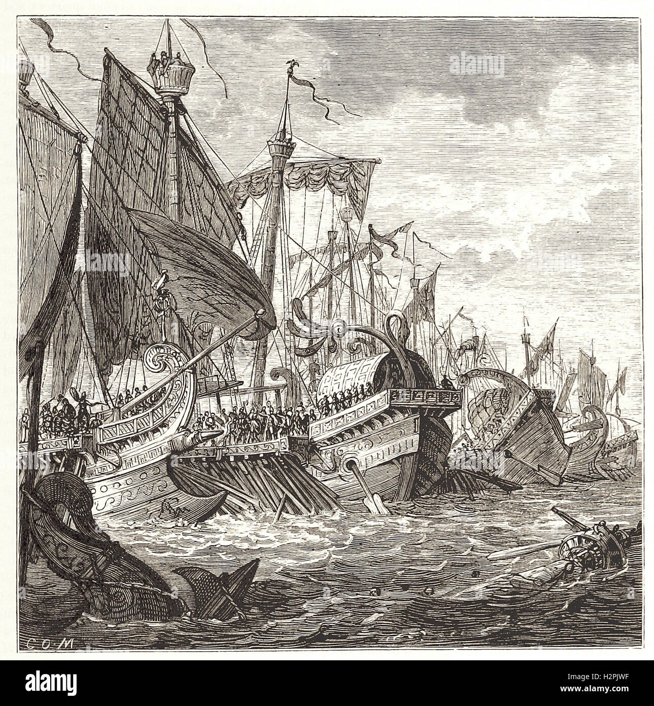 La batalla naval OFF CAPE PELORUS. - Desde 'Cassell's ilustra la historia universal' - 1882 Foto de stock