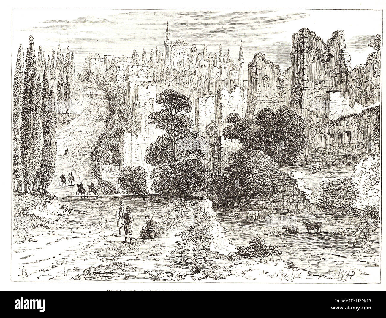 Muros de CONSTANTINOPLA EN EL SIGLO XVI.- desde 'Cassell's ilustra la historia universal' - 1882 Foto de stock