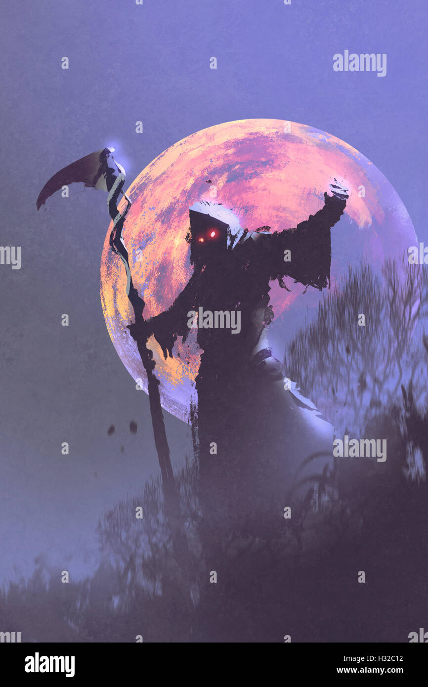La muerte con la guadaña de pie contra el cielo nocturno con luna llena,halloween concepto,ilustración pintura Foto de stock