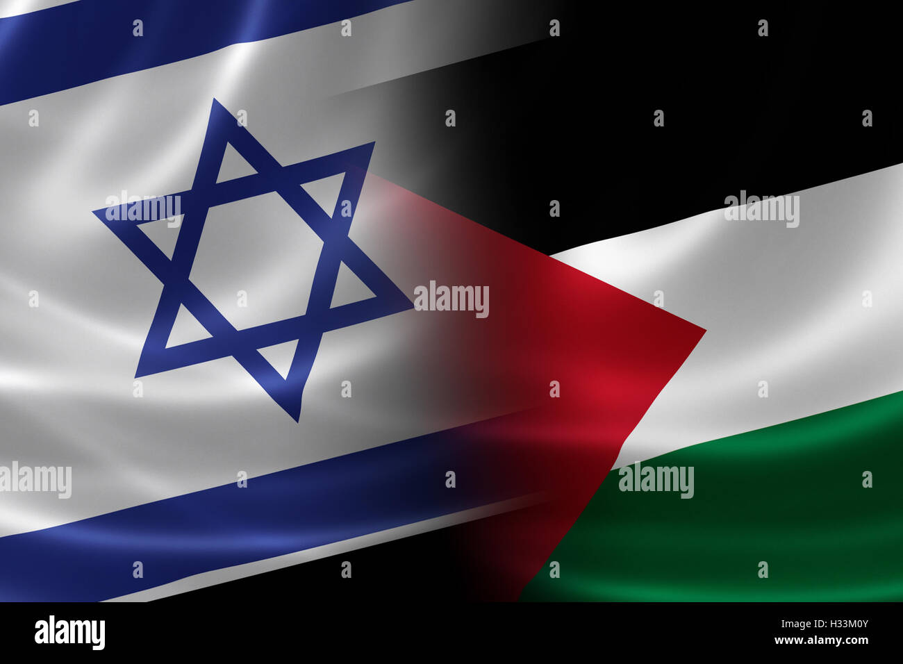 Representación 3D de una bandera israelí-palestino combinada de textura satinada. Foto de stock
