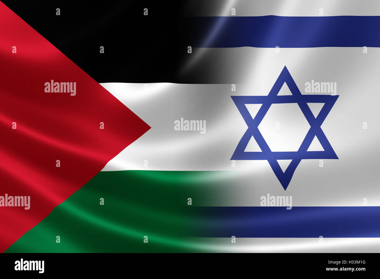 Representación 3D de una bandera israelí-palestino combinada de textura satinada. Foto de stock