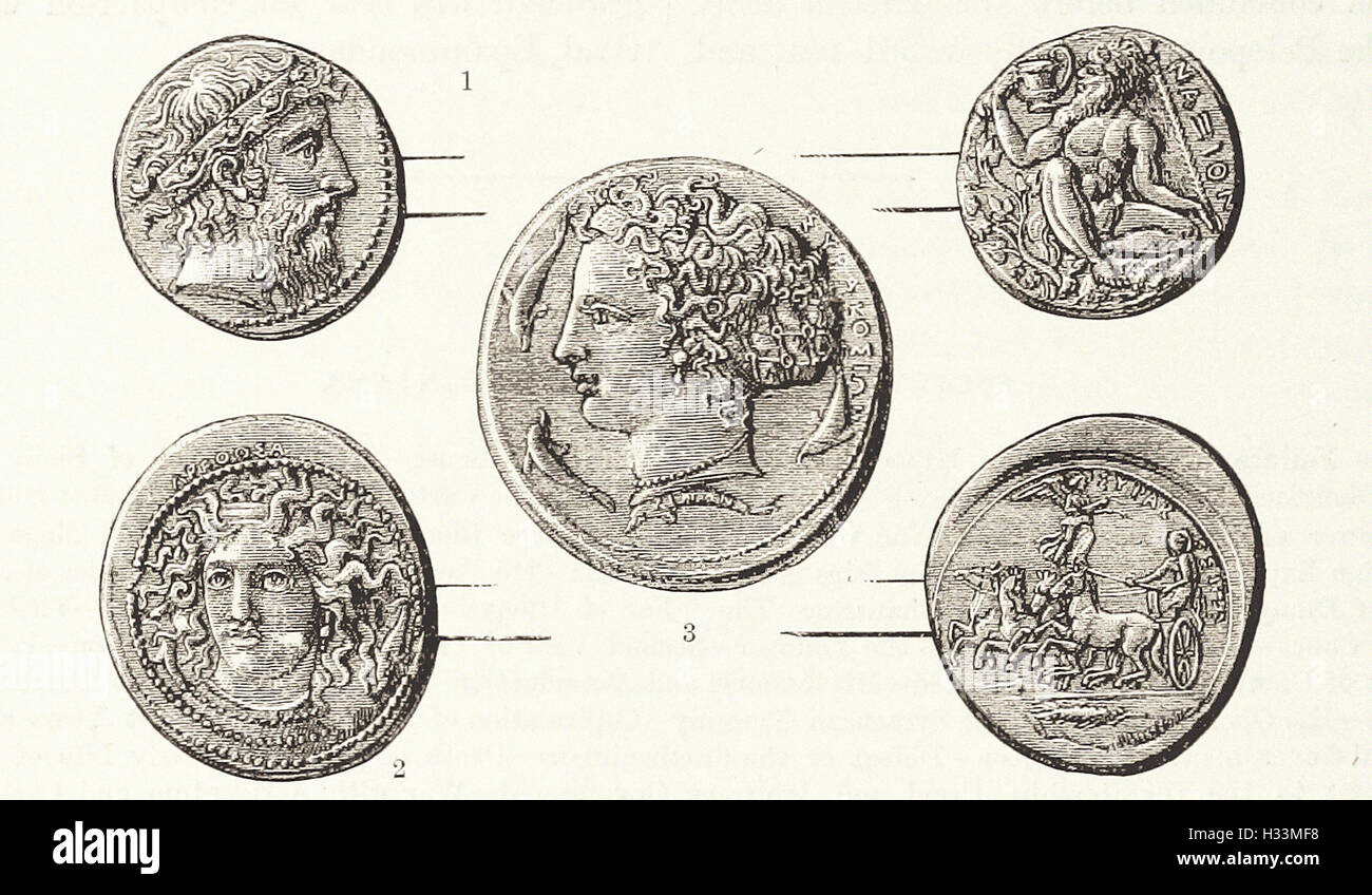 Antiguas monedas - siciliana desde 'Cassell's ilustra la historia universal' - 1882 Foto de stock