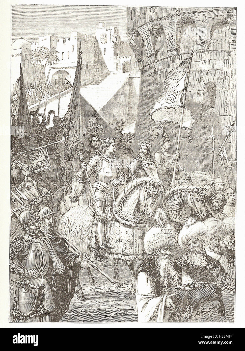Entrada triunfal de RTCHARD I. y Philip Augustus en Acre - desde 'Cassell's ilustra la historia universal' - 1882 Foto de stock