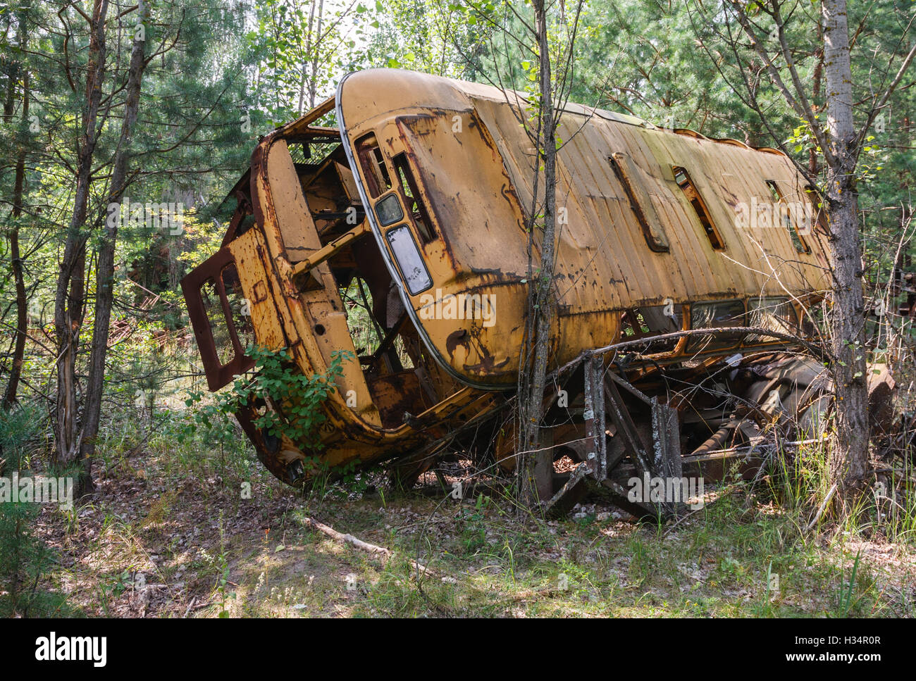 Viejos autobuses abandonados en la zona de exclusión de Chernobyl, Ucrania. Foto de stock