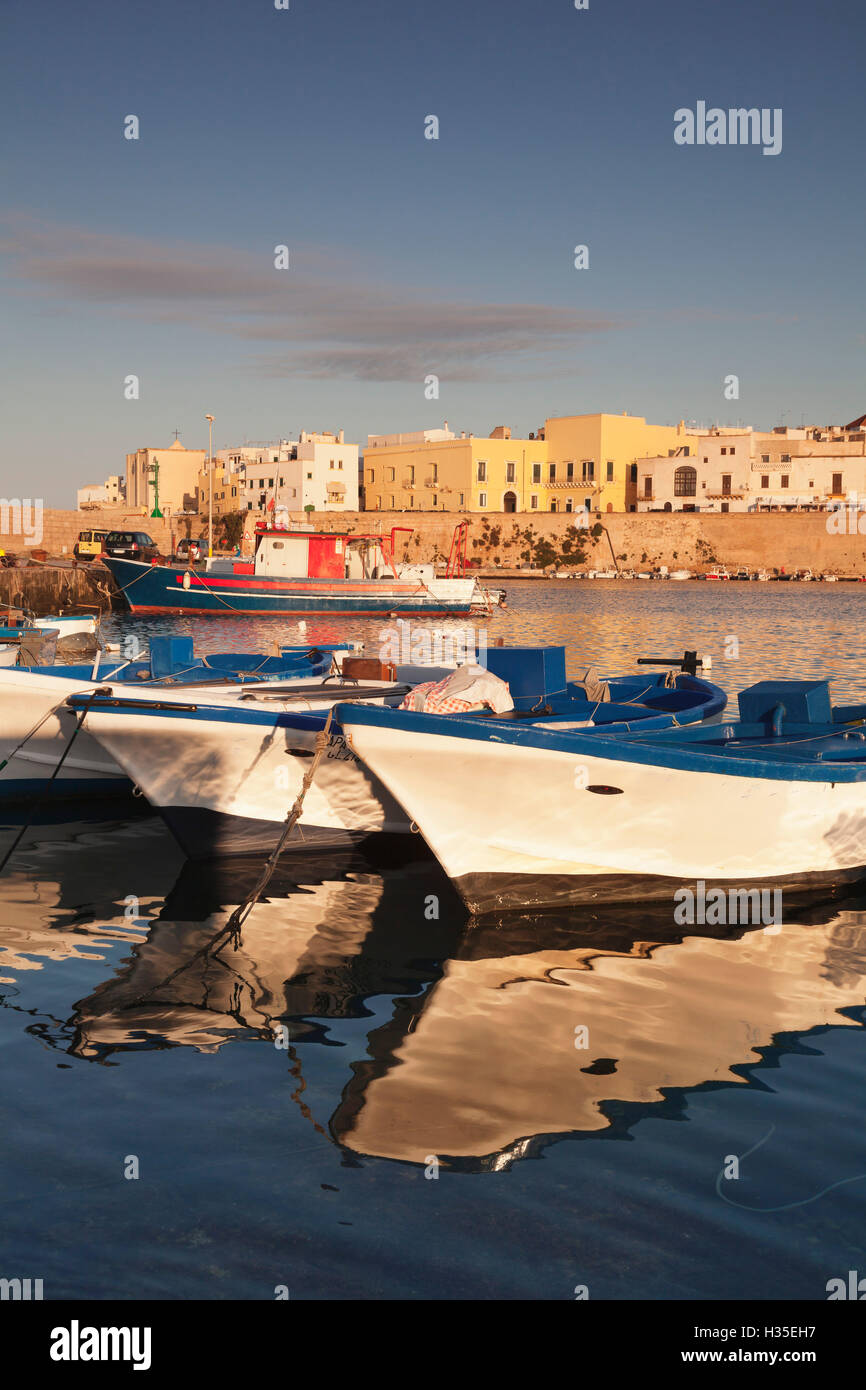 Barcos de pesca en el puerto, el casco antiguo al amanecer, Gallipoli, Lecce Provincia, península de Salento, Puglia, Italia Foto de stock