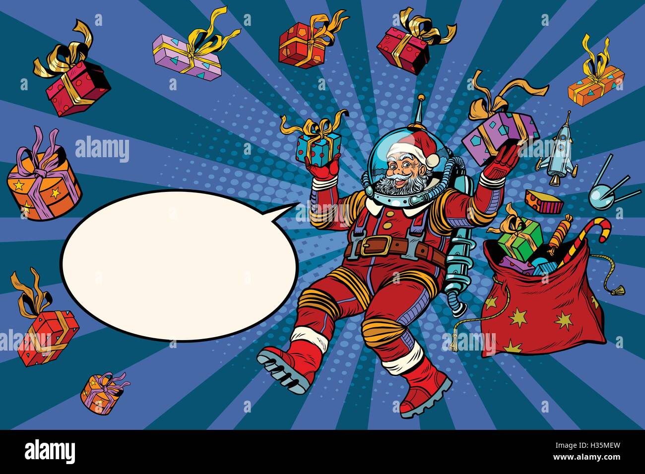 Espacio Santa Claus en gravedad cero con regalos de Navidad Ilustración del Vector