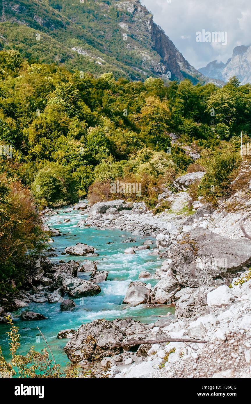 Río Valbona al norte de Albania la atracción del Parque Nacional Río Frío agua clara Foto de stock
