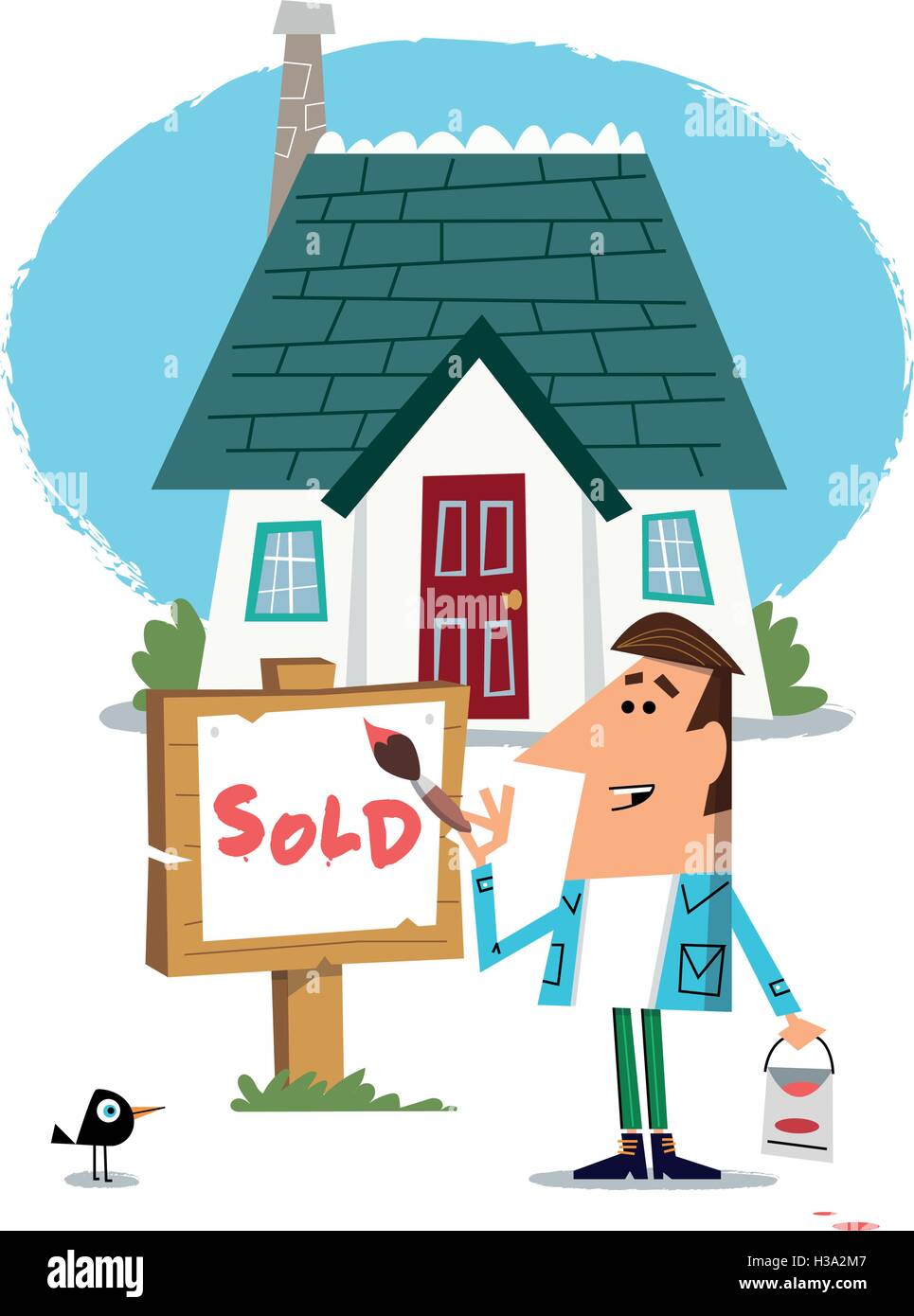 Casa en venta personaje de dibujos animados con casa al fondo Imagen Vector  de stock - Alamy
