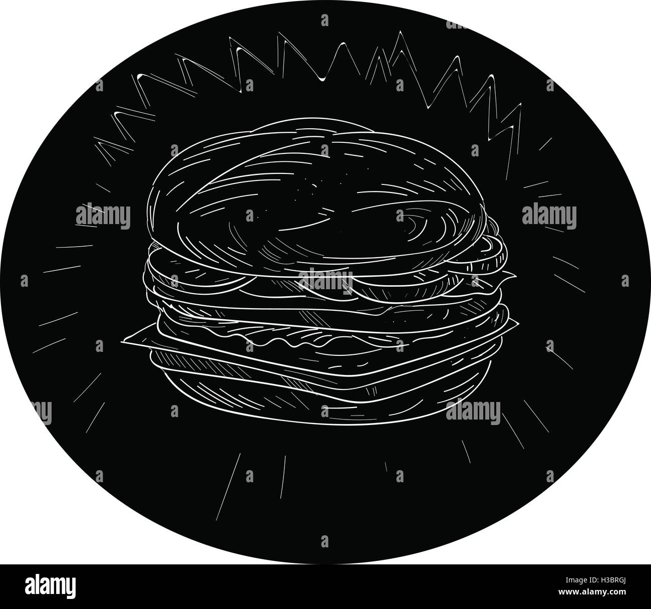 Dibujo Ilustracion Estilo Boceto De Una Hamburguesa Dentro De Forma Oval Sobre Fondo Negro Aislado Imagen Vector De Stock Alamy