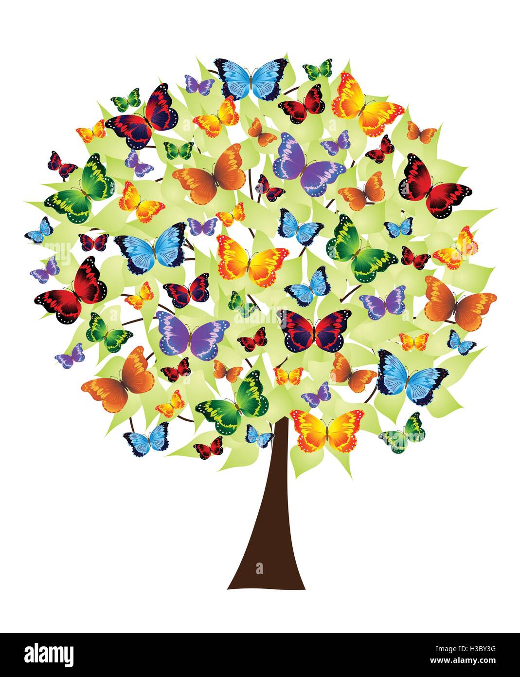 Árbol de flores con mariposas de colores Imagen Vector de stock - Alamy