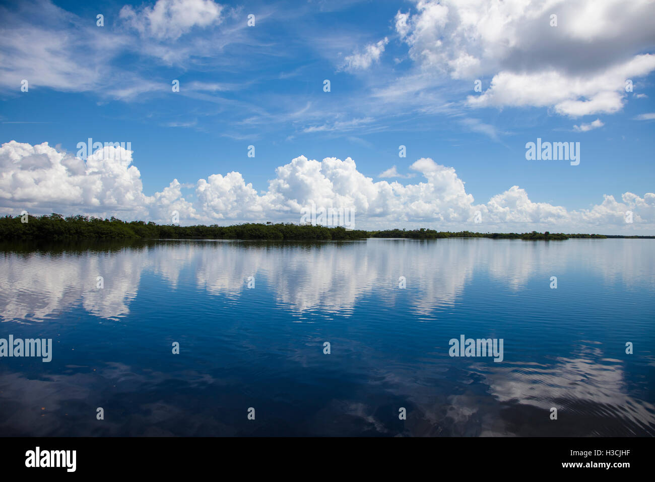 Las nubes reflejan en aguas tranquilas en J N Ding Darling National Wildlife Refuge en Sanibel Island, Florida Foto de stock