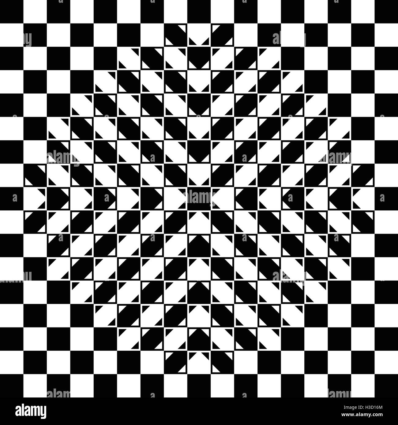 Saltones ilusión de tablero de ajedrez. El tablero de ajedrez es totalmente normal, cada casilla es una plaza regular y el abultamiento es una ilusión. Foto de stock