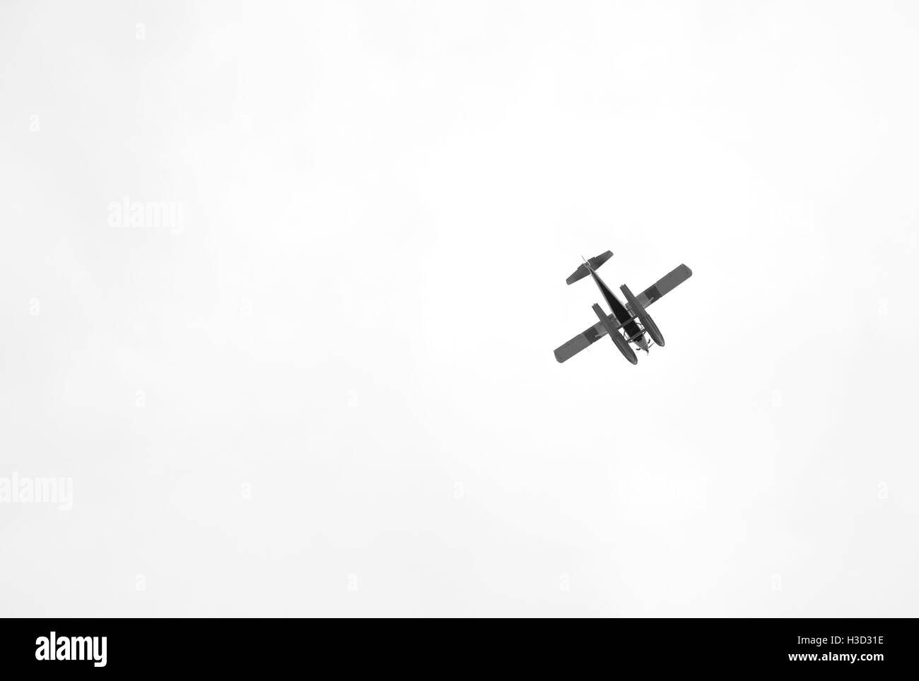 Ángulo de visión baja de hidroavión volando en el cielo claro Foto de stock