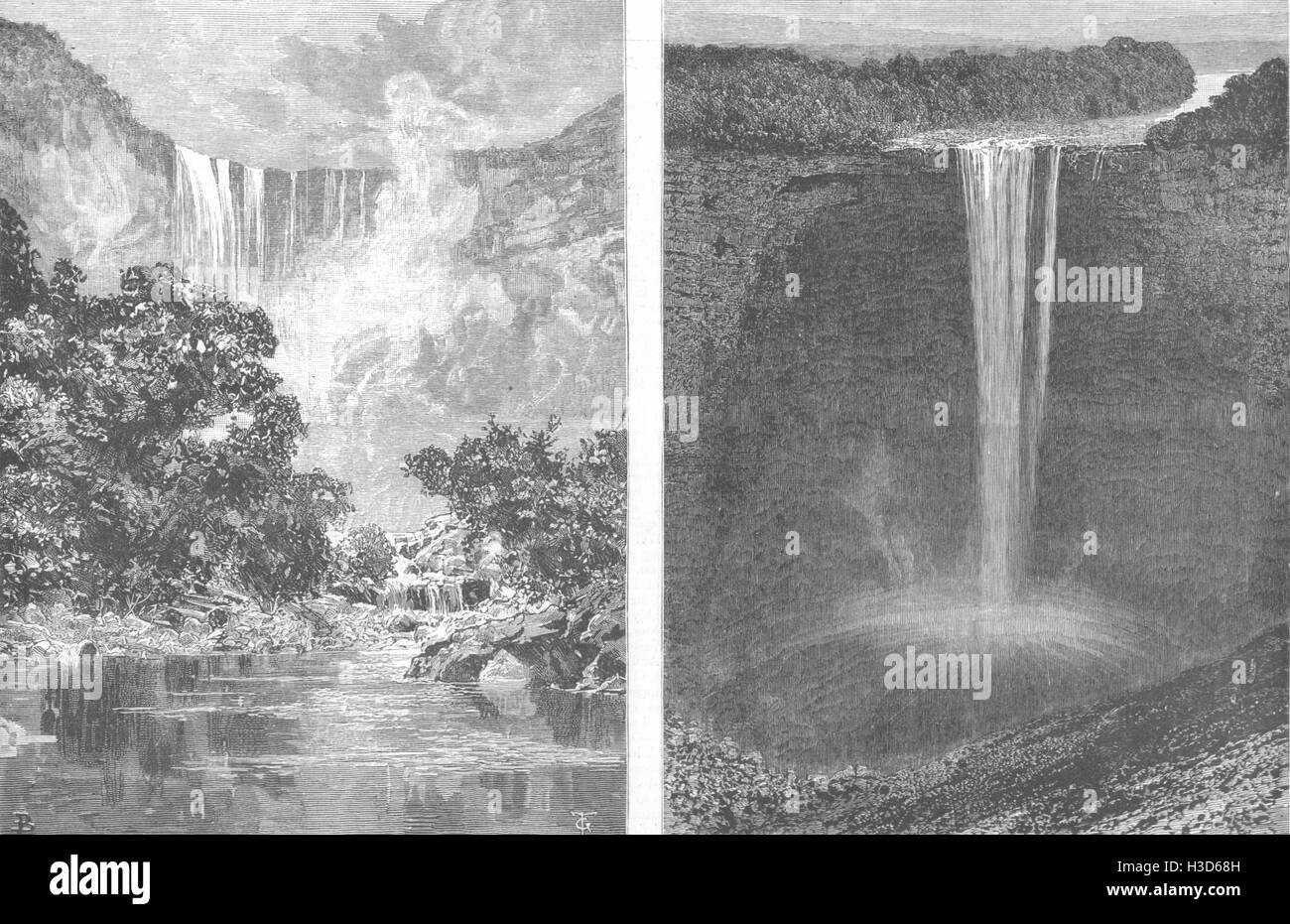 GUYANA El las cataratas de Kaieteur, Guyana; desde abajo; desde arriba de 1884. El gráfico Foto de stock