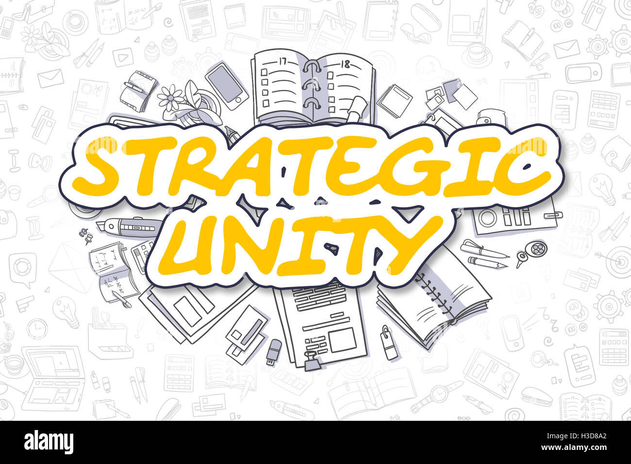 Unidad Estratégica - Doodle texto amarillo. Concepto de negocio. Foto de stock