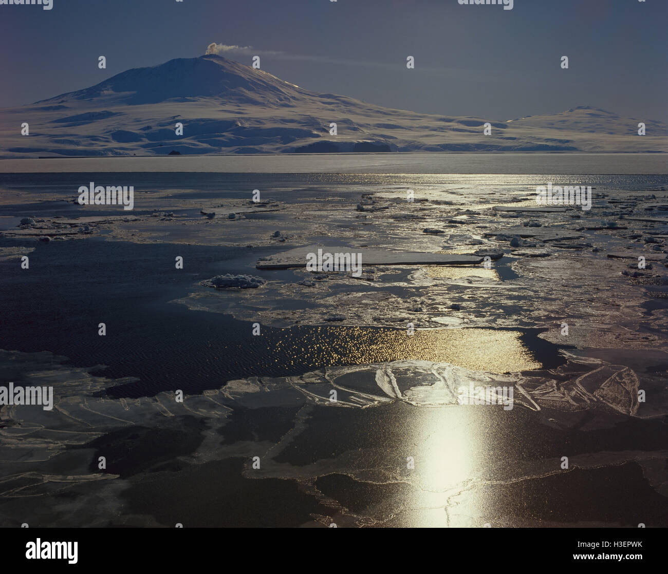 Monte Erebus, 3794 m, un volcán activo, vistos en todo el mar de hielo Foto de stock