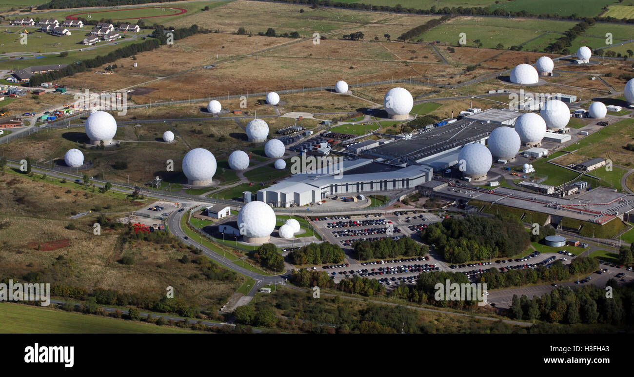 Vista aérea de la USAF Estación de escucha en Menwith Hill, cerca de Harrogate, North Yorkshire, Reino Unido Foto de stock