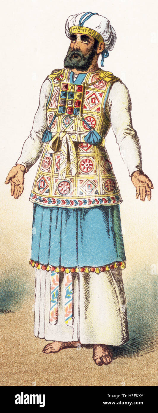 La figura ilustra representa un hebreo antiguo sumo sacerdote en traje de etiqueta. La ilustración se remonta a 1882. Foto de stock