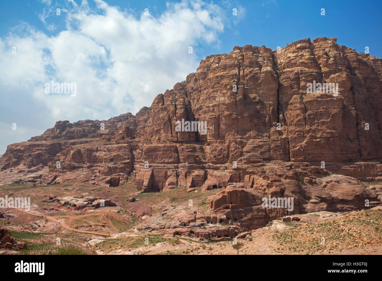 Vista de una montaña rocosa con muchas tumbas Nabateas antiguas talladas en la piedra, dentro del sitio arqueológico de Petra, Jordania. Foto de stock
