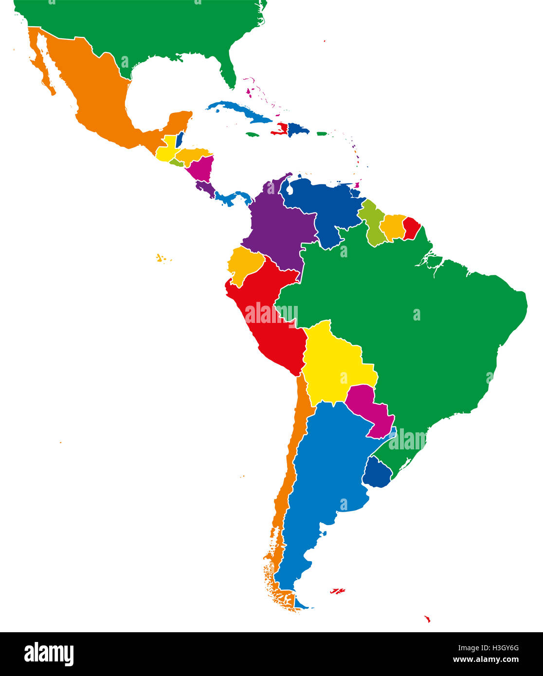 América Latina solo mapa de estados. Todos los países en diferentes colores intensos y con las fronteras nacionales. Foto de stock